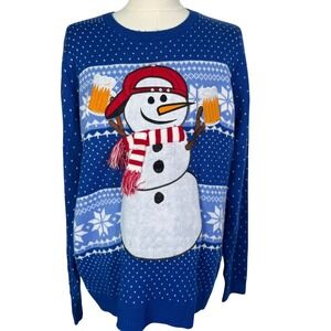 JOLLY SWEATERS NEW Mens XXL Blue Snowman Sports Beer Knit Ugly Christmas Sweater